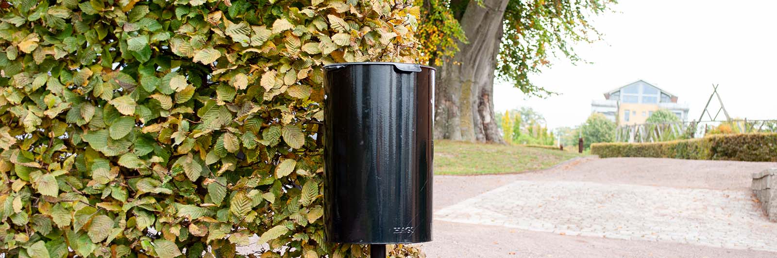 Image of a pedestrian walkway with a mounted litter bin to the side.